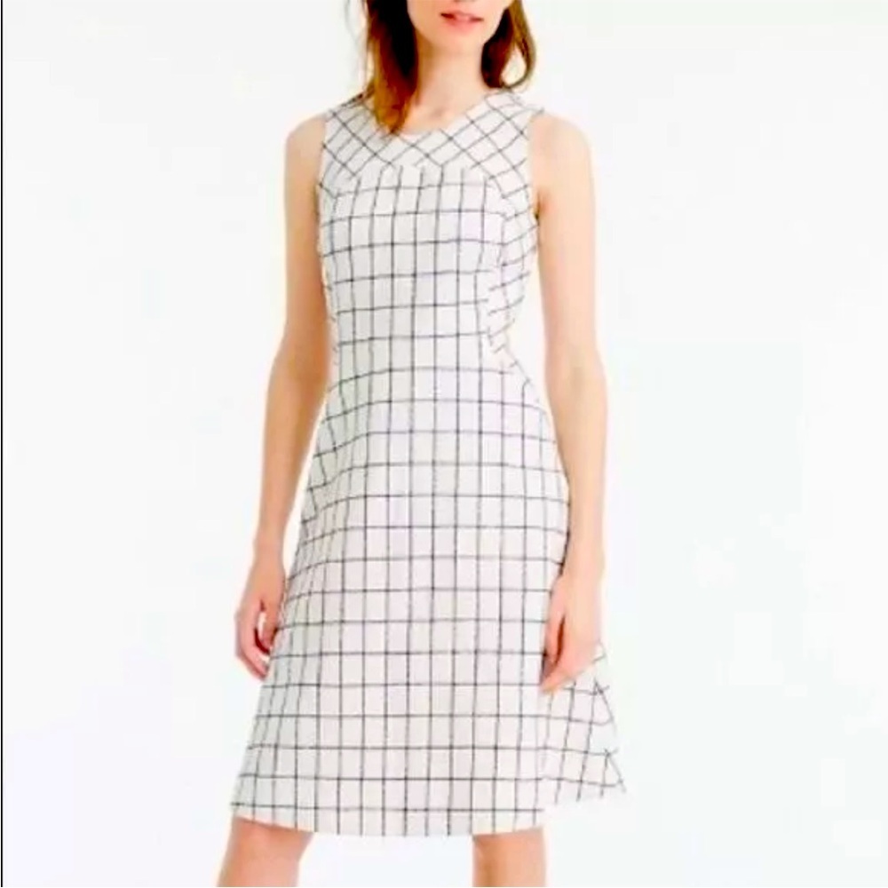 J. Crew White and Navy Windowpane Tweed Sleeveless Fit and Flare Dress Size 4P